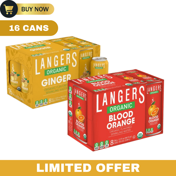 Langers Organic Sparkling Water, Blood Orange with Ginger Flavor, 12 fl oz Cans, 16 Pack