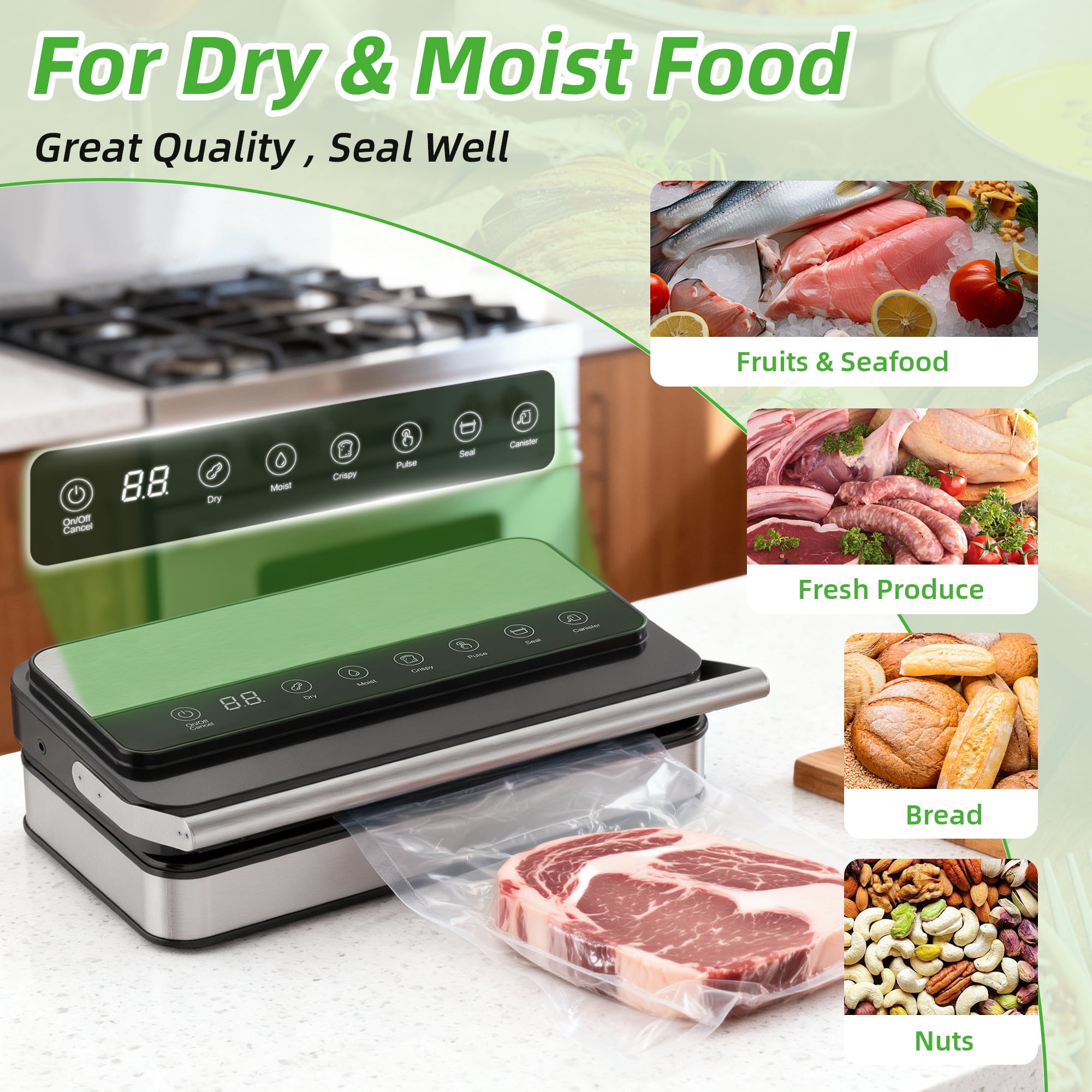 Elevon 10-in-1 Automatic Vacuum Sealer, 200W Food Saver with Built-in Cutter, Digital Timer, Bags & Roll Included, Compact Low Noise Design
