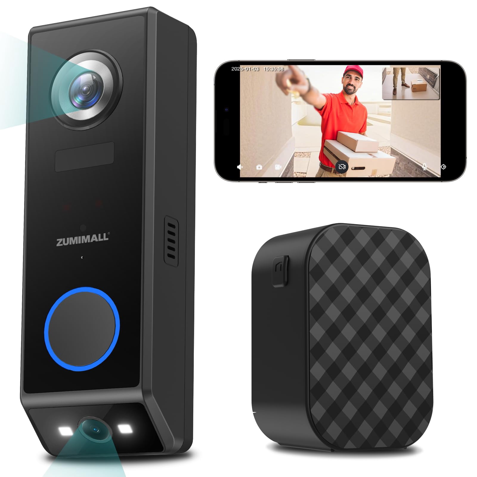 Timble Camera Cámara de timbre ZUMIMALL de doble lente, vídeo HD 2K, inalámbrica ...