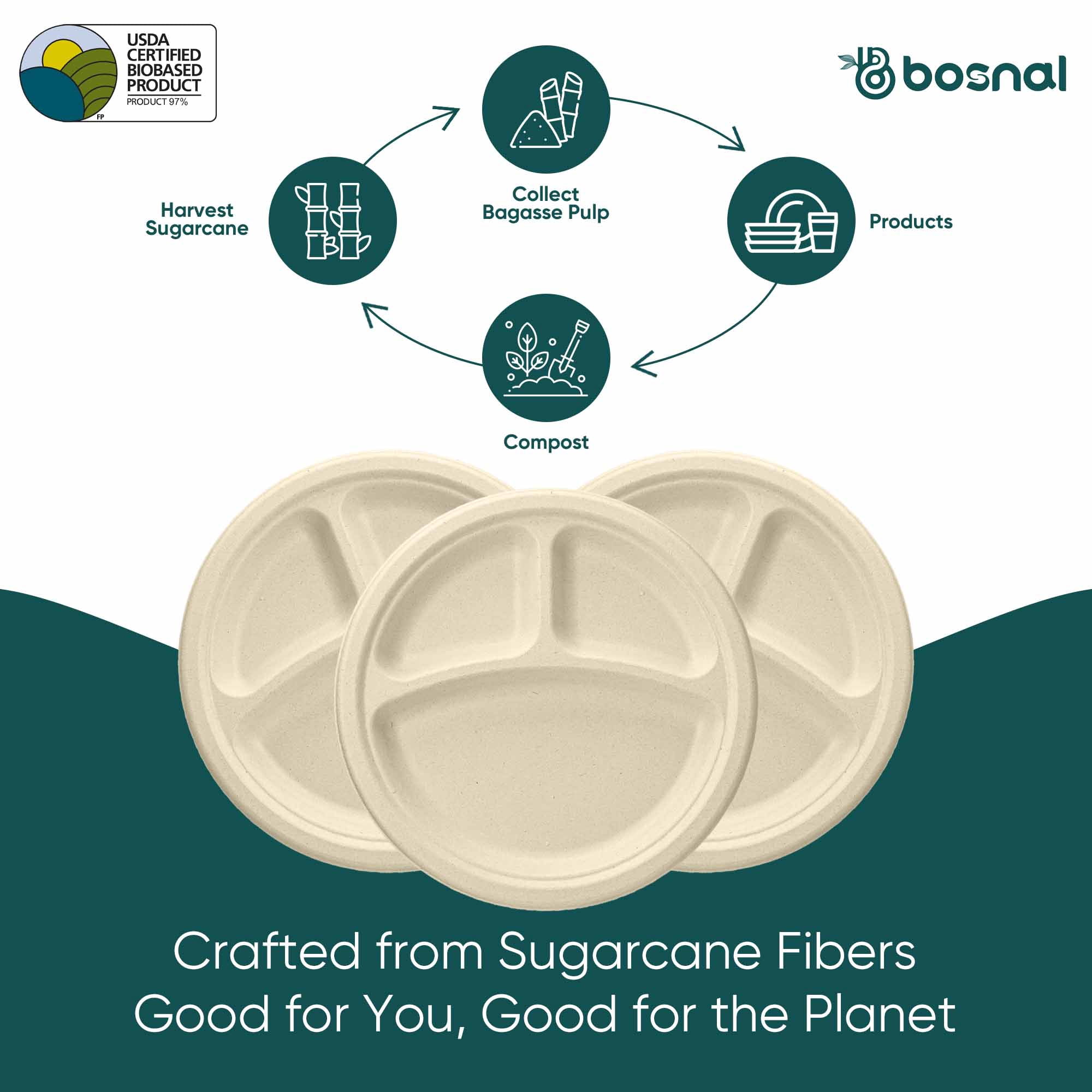 BOSNAL 10 Inch Round 3-Compartment Bagasse Plates (100 Pack) – Compostable, Biodegradable & Eco-Friendly Disposable Plates for Parties, Catering & Meals