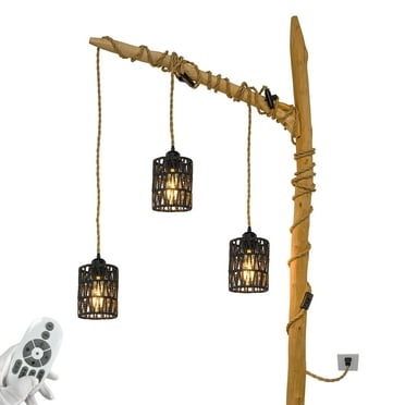 FSLiving Hanging Swag Ceiling Lamp Portable Pendants, 15ft Plug-in Cord Twine Natural Rattan Lamp Dimmable Smart Edison Bulb by Remote for Background Wall, No Wiring Needed, 3 Lights Black