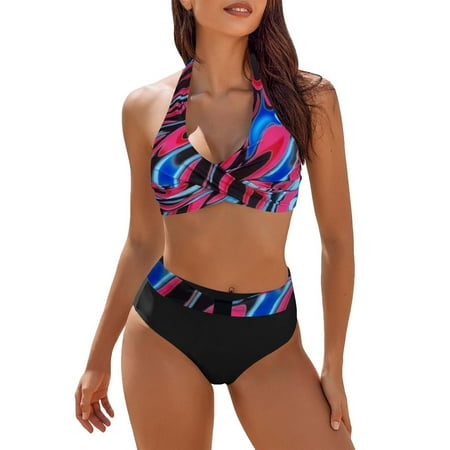 Lroveb Bikini Sets for Women Swimsuits Two Piece High Waisted Bathing Suits Color Block Wrap Front 2 Piece Swimsuit