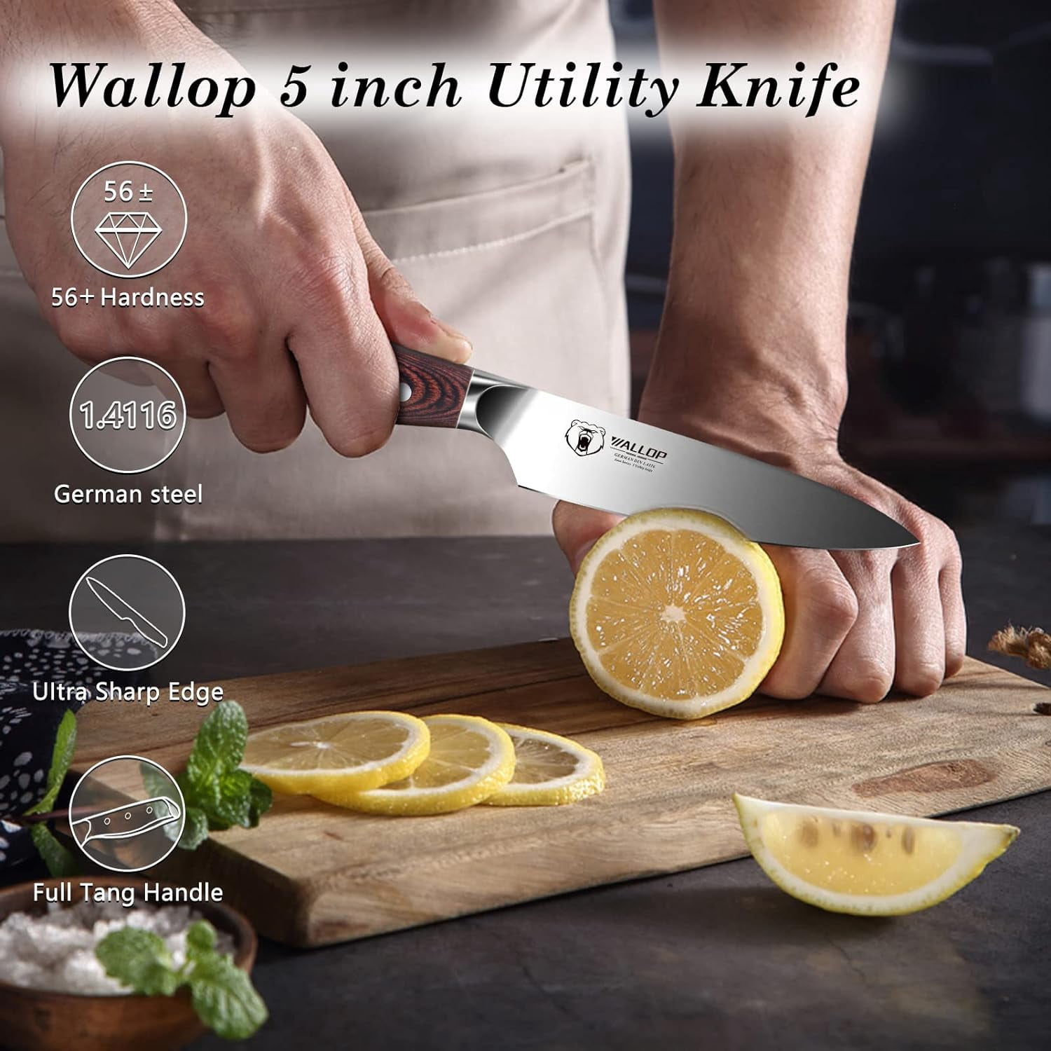 WALLOP Utility Knife - 5 inch Kitchen Utility Knife - German High Carbon Stainless Steel Full Tang Pakkawood Handle - Jane Series with Gift Box