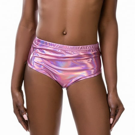 ZAZYULZ Women s Faux Shorts Panty Glossy Metallic Rave Dance Leather Short Trousers Black Red Silver Golden High Waist Sexy Hot Pants(Pink L)