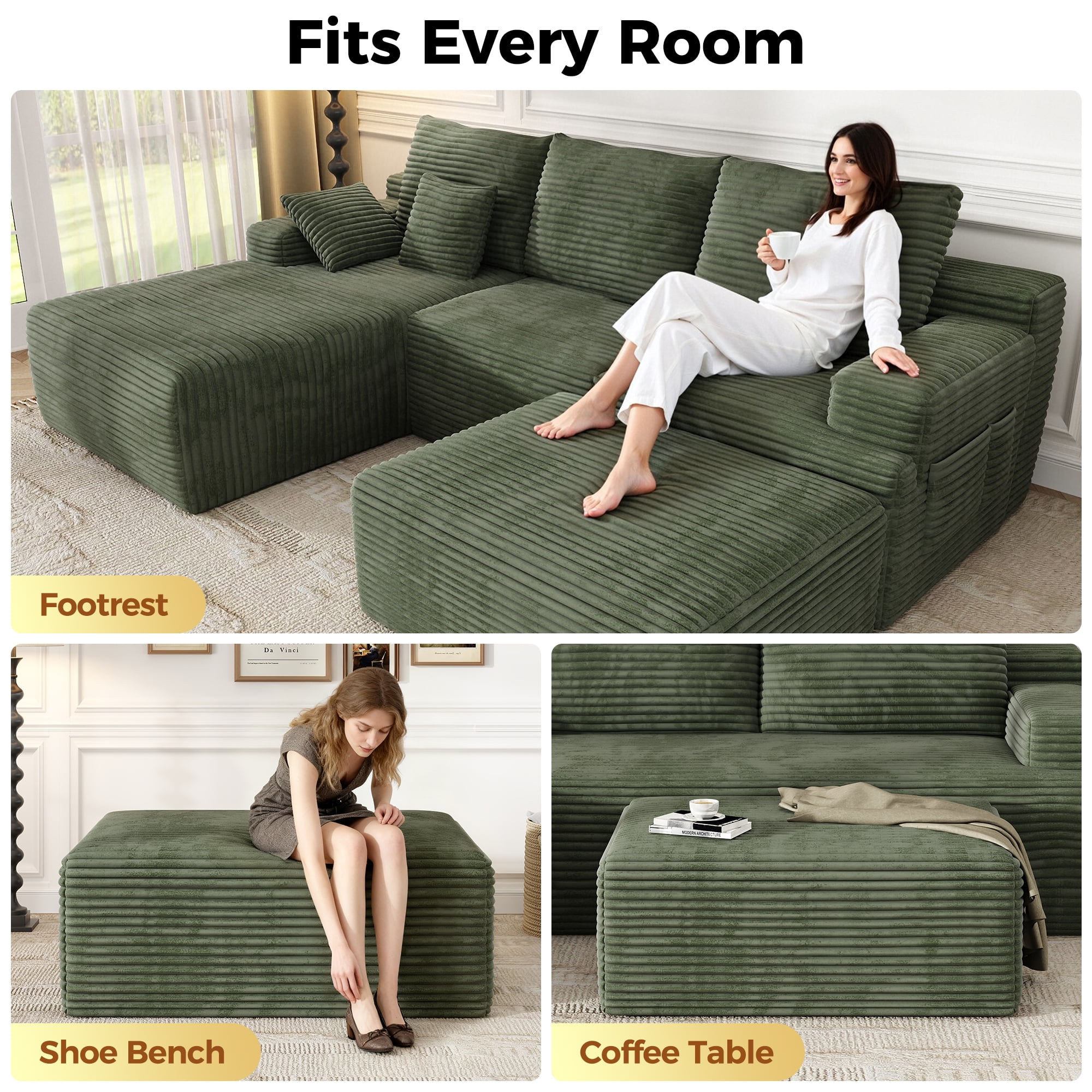 Large Oversized Ottoman Bench for Living Room, Extra Seating & Coffee Table for Sofa, Plush Corduroy Pouf Footrest, No Assembly Needed, Rectangle Floor Ottoman, (Sage Green)