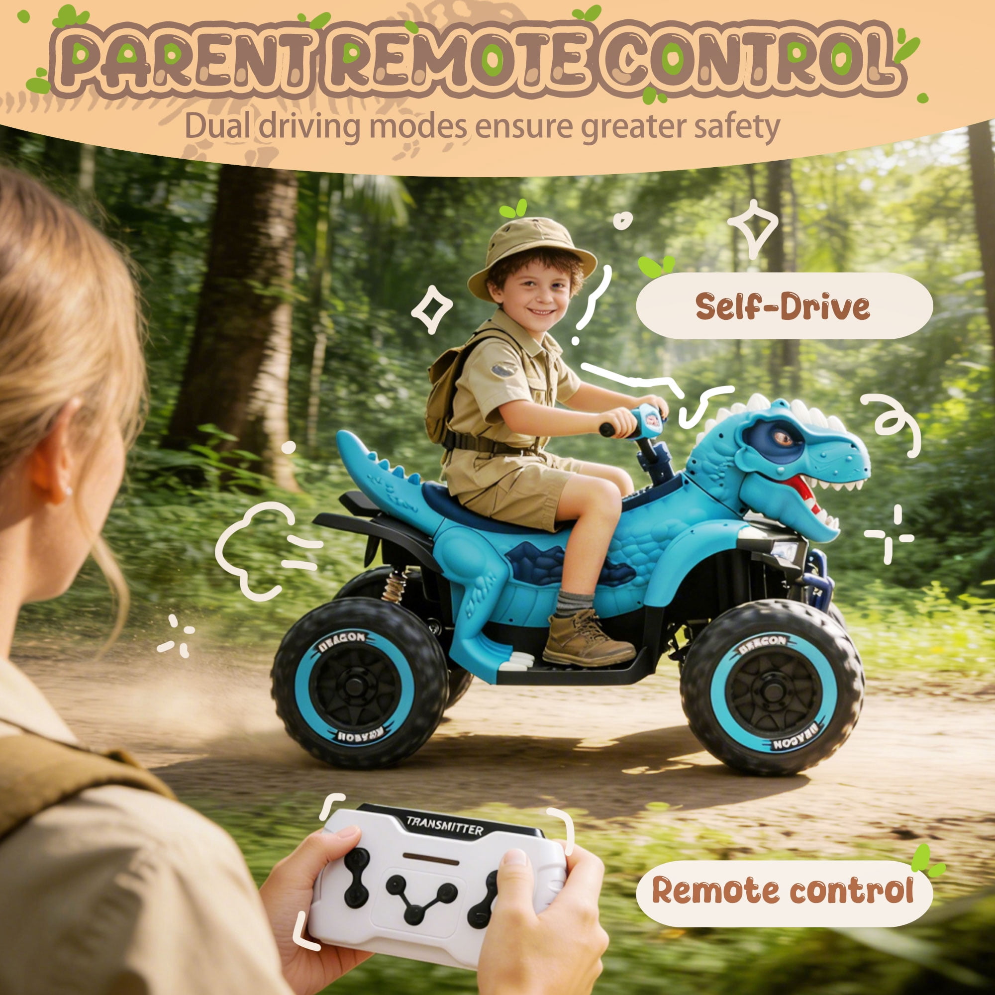 KEEPSUN 12V Ride on Toy for Kids, Dinosaur Ride on Car w/ Remote Control, 2-Seater 4 wheeler Kids ATV Quad with 100W*2 Motors, Bluetooth, Spring Suspension, Music, Cool Lights, Blue