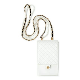 Jane & Berry Women's Adult Quilted Flap Crossbody Handbag with Faux Pearl Strap White
