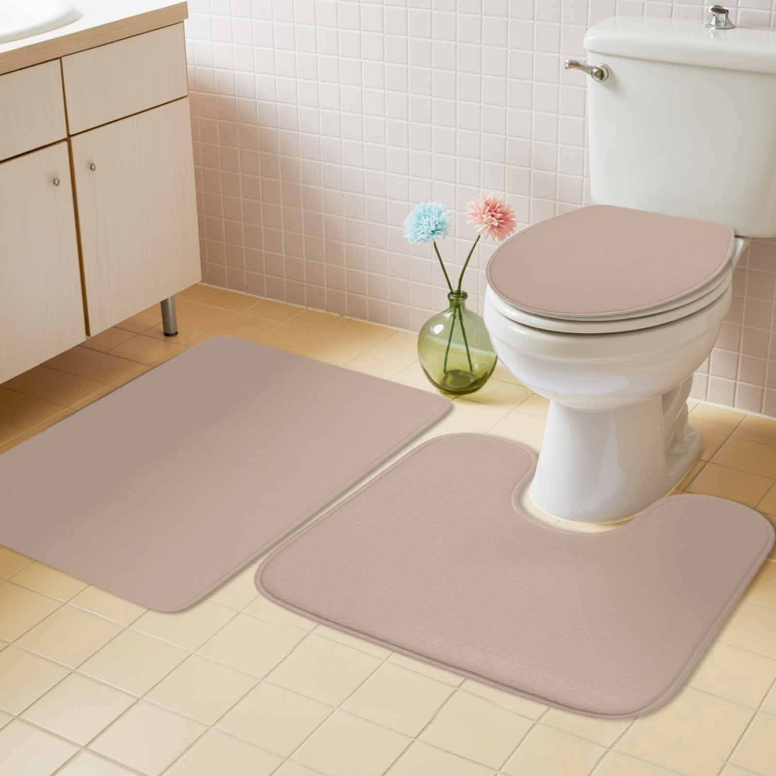 Warm Beige Bath Mat 3 Piece Bathroom Rug Set, Solid Color Farmhouse Beige Non Slip Bath Rug Contour Mat and Toilet Lid Cover, Absorbent Shower Mats Soft Bath Rugs and Mats Sets