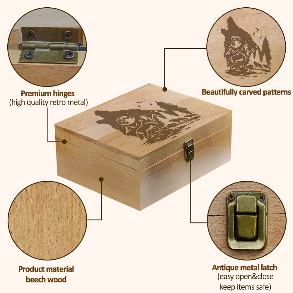 1 Pc Wooden Memory Keepsake Box Wolf Howling Moon Pine Forest Flying Birds Pattern Storage Decorative Memory Wooden Box with Hinge Lids for Photos DVDs Letters Holding 24.5x19.5x10.3cm DIY