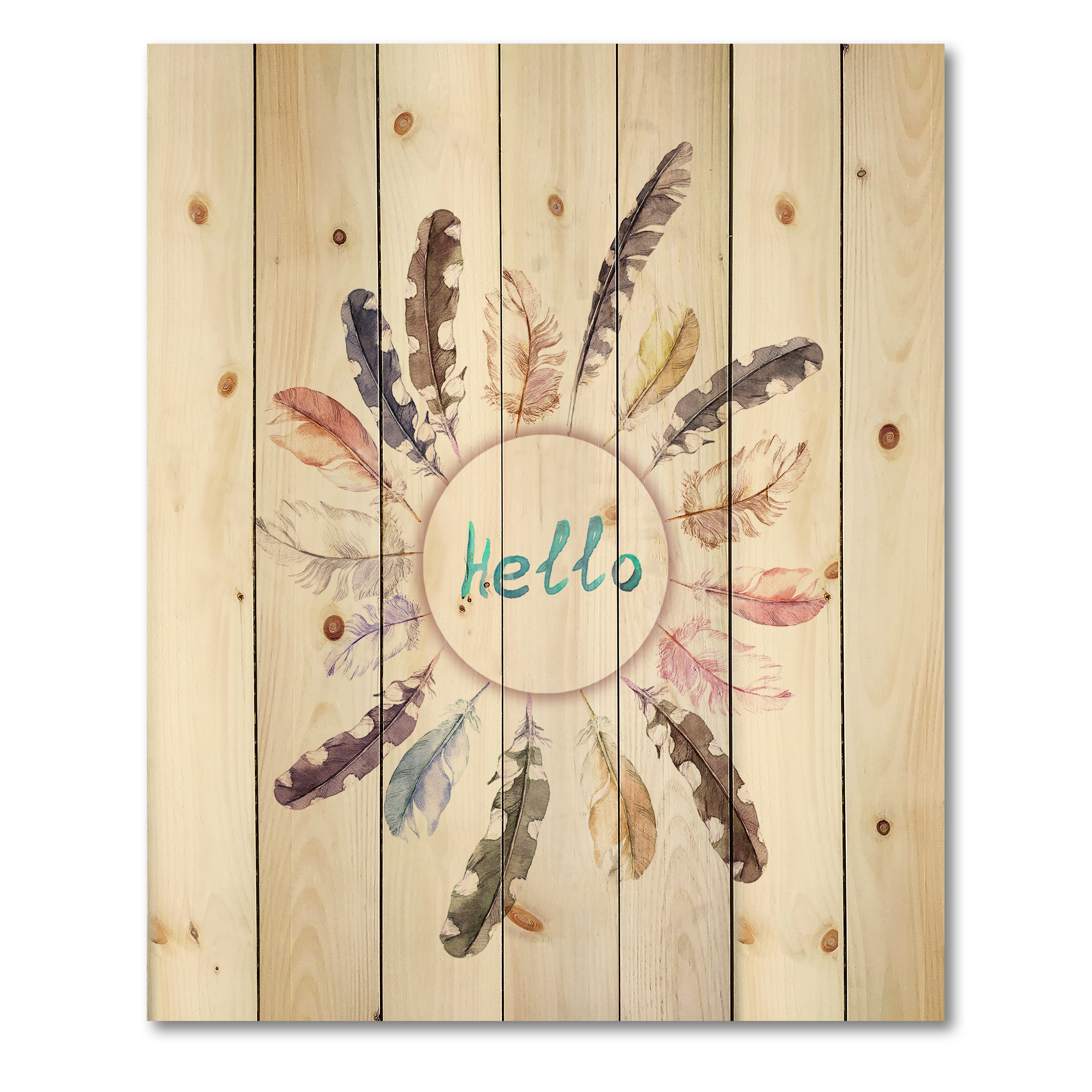 Designart 'Ancient Round Wreath With Birds Feathers' Bohemian & Eclectic Print on Natural Pine Wood