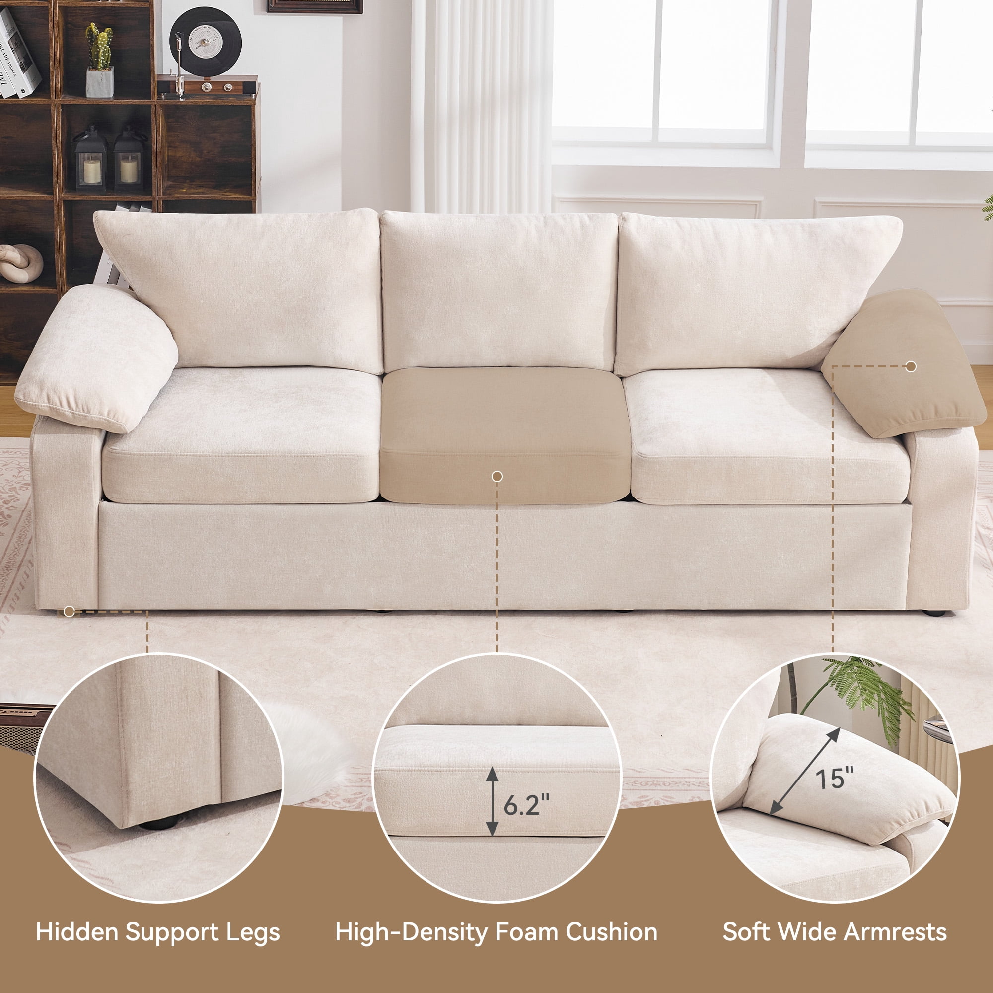 HASLE Oversized 3 Seat Living Room Sofa, 95" Soft Chenille Deep Seat Couch with Armrest, Hidden Support Legs, Stylish Sofa, Beige