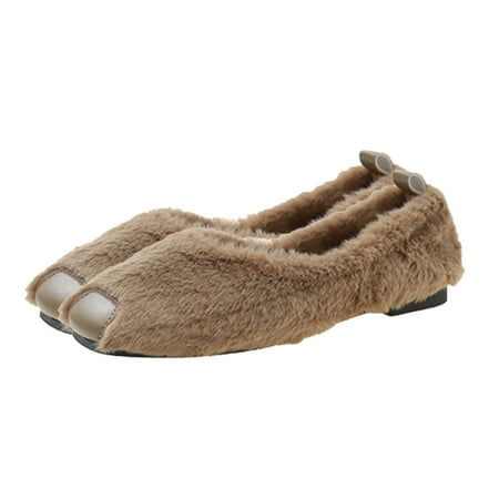 Sexlip Women s Plus Size Faux Fur Shoes Flats Comfortable Soft Fuzzy Warm Indoor Outdoor Winter House Casual Plush Shoes Khaki 35