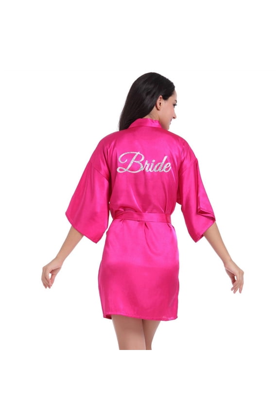 Women's Wedding Robe Long Satin Kimono Rhinestones Bridal Party Getting Ready S-2XL