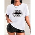 thumbnail image 1 of T-Shirt à Manches Courtes Col Rond Décontracté Imprimé Lèvres Diamant Noir pour Femmes - Tee Graphique Élégant pour Printemps/été/automne, Mélange Polyester, Lavable en Machine, T-Shirts pour Dames Fête des Pères, Fête des Mères, Nouveau, 1 of 7