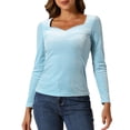 thumbnail image 1 of INSPIRE CHIC Tops de terciopelo para mujeres, camiseta elegante de manga larga con escote corazón, S color azul claro, 1 of 6