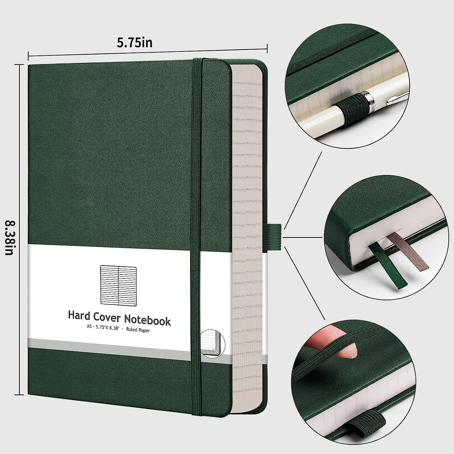 Lined Journal Notebook - 320 Numbered Pages Thick Journal for Women A5 Notepad College Ruled, 100gsm Paper, Leather Hardcover, for Men Writing Work Office School, 5.75'' X 8.38''-Green