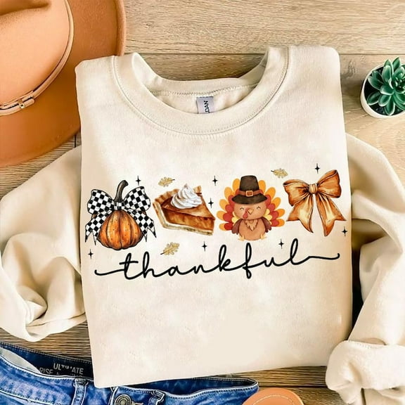 Retro Thanksgiving Sweater, Fall Pumpkin Turkey Coquette Bow Autumn Girl Sweatshirt