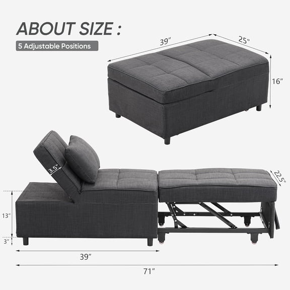 4-in-1 Convertible Ottoman Sofa Bed - Multi-Functional Sleeper Chair with Adjustable Backrest & Pillow, Ideal for Small Spaces (Dark Grey)