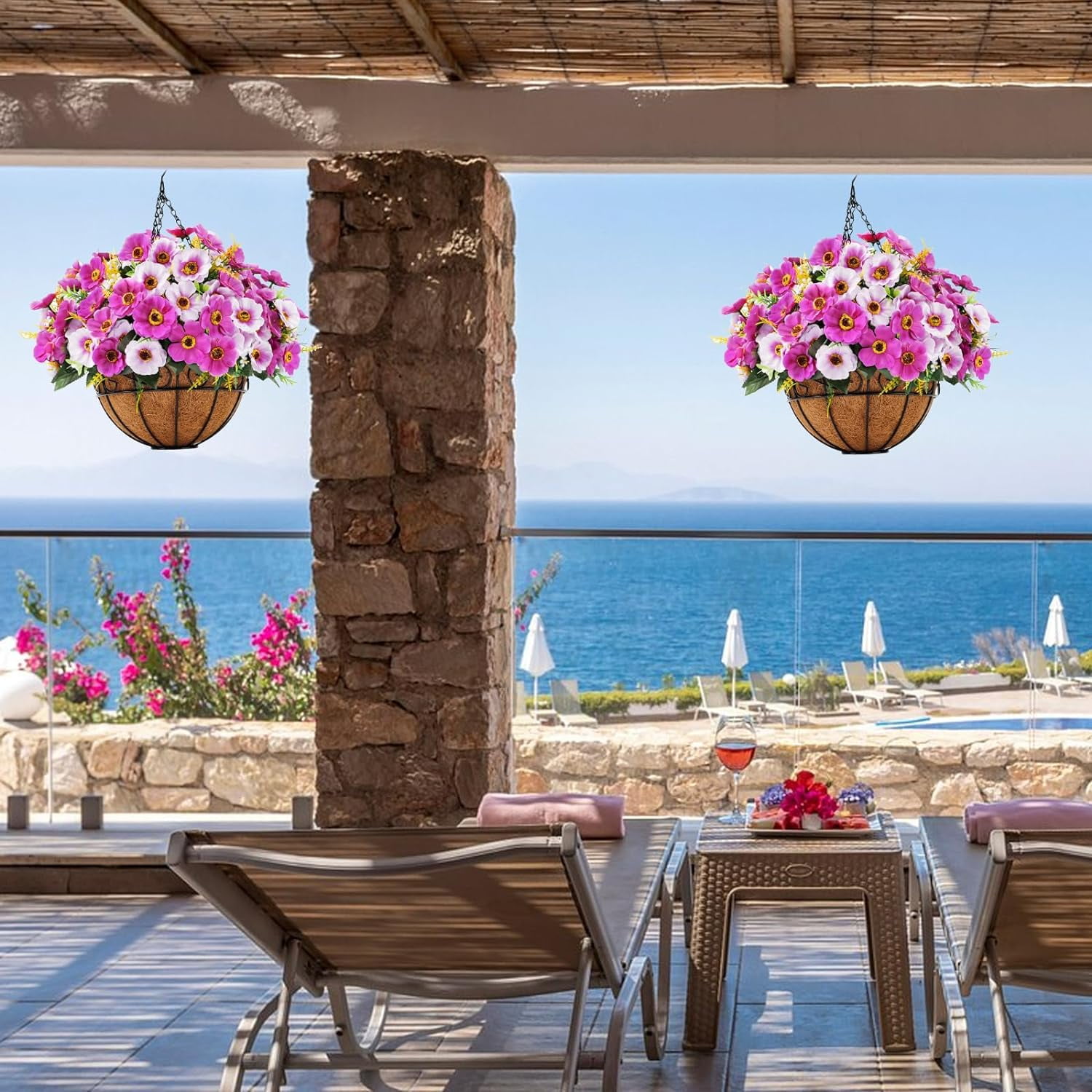 Artificial Fake Hanging Flowers Baskets for Outdoors Spring Summer Decoration Faux Silk Colorful Daisy UV Resistant for Garden Porch Home Patio Balcony Decor