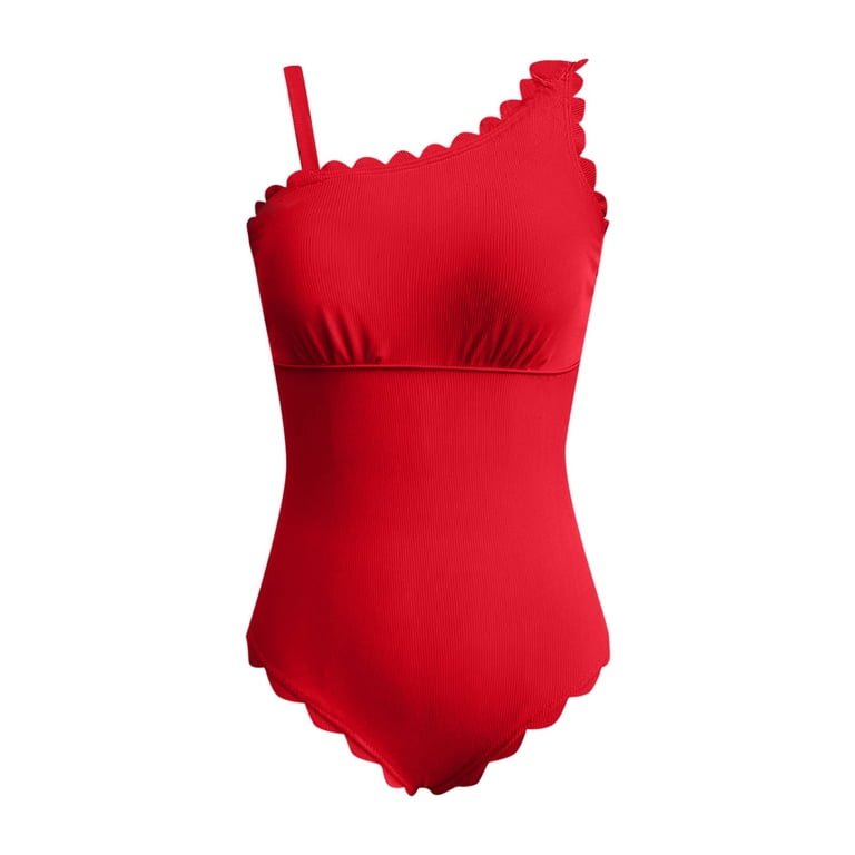 Women's One Shoulder Ribbed Scalloped Swimsuit - Cutout Back
