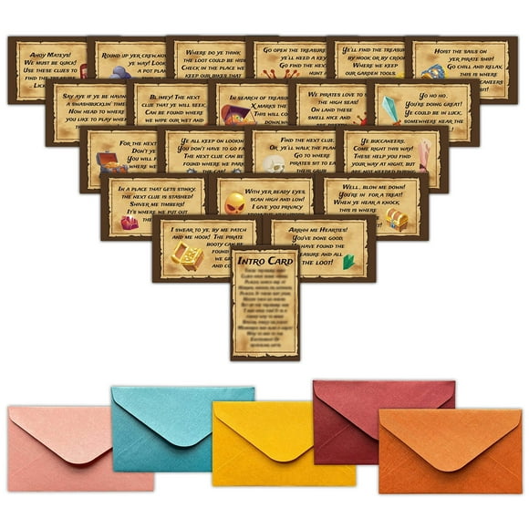 Pirate Quest Adventure Game - 21 Colorful Clue Cards for Birthday Parties & Events. Outdoor & Indoor Treasure Hunt Fun for Kids & Adults!