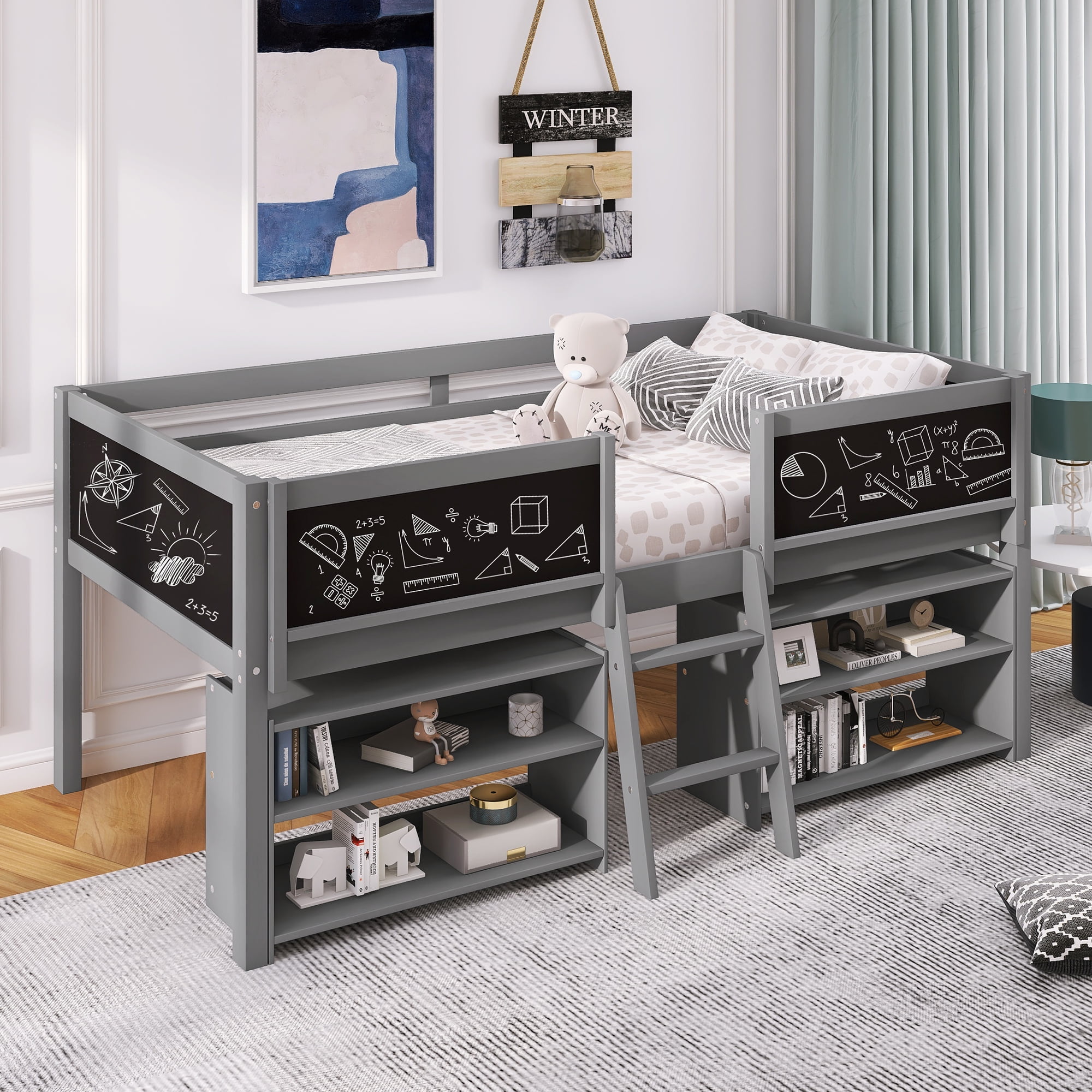 Castle Place Wooden Twin Junior Loft Bed with Chalkboard and Slide