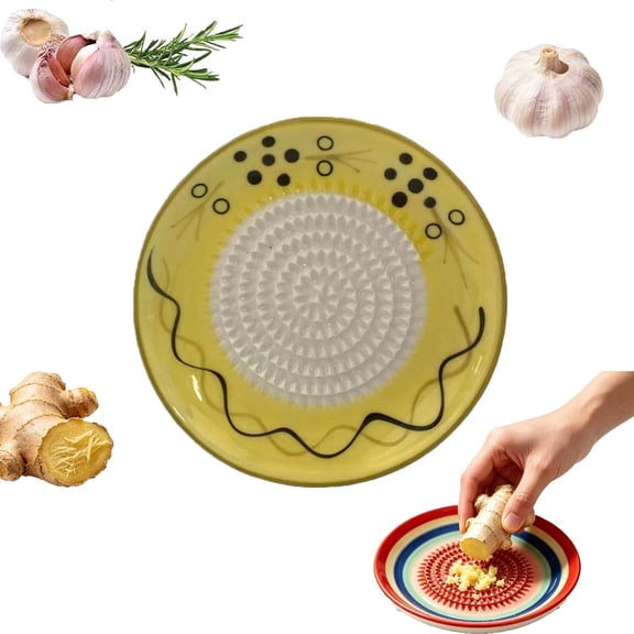 Bohemian Style Ceramic Ginger Grater Plate, 4.5x4.5 Inch Multifunctional Grater for Food, Garlic, Fruit, Puree, Cheese (Yellow)M