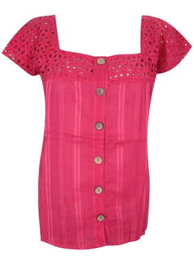 Mogul Women Tunic Shirt Top, Bohemian Blouse, Pink Cotton Gypsy Chic Eyelet Design Top S/M