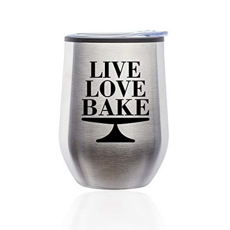 

Stemless Wine Tumbler Coffee Travel Mug Glass with Lid Live Love Bake (Silver)