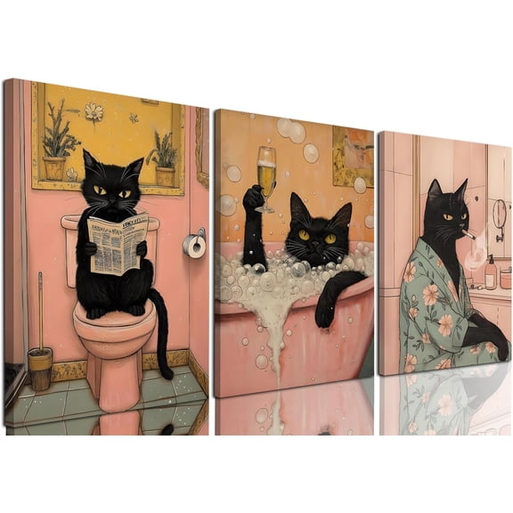 Funny Bathroom Black Cat Wall Art Set of 3, Cute Animal Wall Decor Maximalist Pet Cat Canvas Poster Prints Aesthetics Whimsical Quirky Room Decor Pictures Framed 12x16 inch