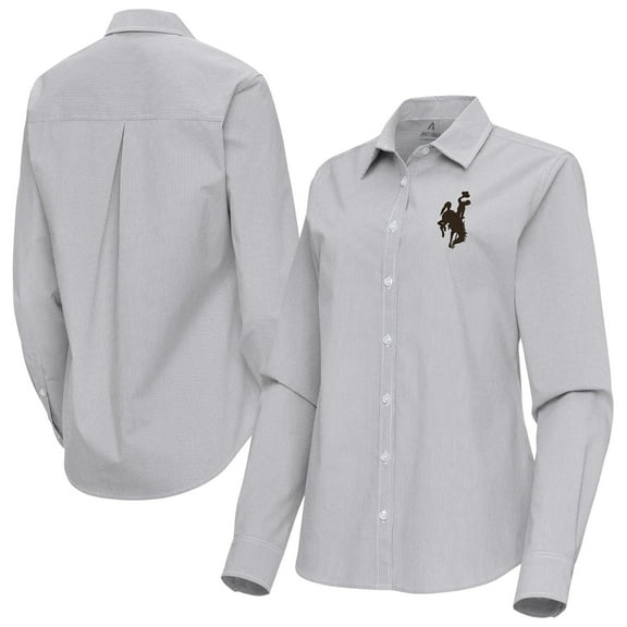 Women's Antigua Gray Wyoming Cowboys Porter Woven Tri-Blend Long Sleeve Button-Up Shirt
