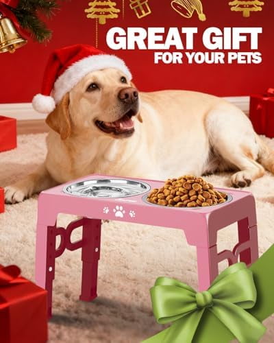 Elevated Dog Bowls, Dog Feeder with Stainless Steel Dishes & Slow Feeder Bowl, 5 Heights Adjustable Raised Stand for Medium Large, Food Dishes with Non-Slip Feet