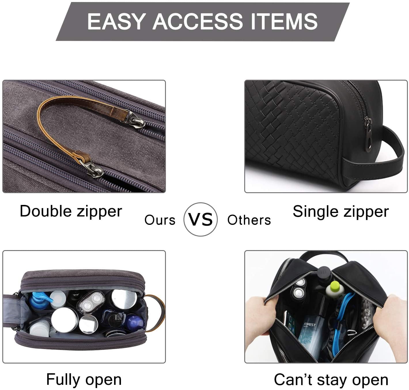 Toiletry Bag for Men, Canvas Travel Toiletry Organizer Dopp Kit Water-resistant Shaving Bag for Toiletries Accessories,Grey-Medium