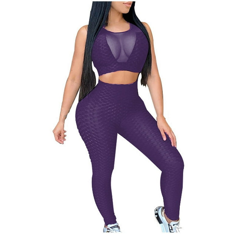 HAPIMO Women's 2 Piece Workout Yoga Sets Stretch Elastic High Waist Running  Hip-Lifting Trousers+Athletic Sport Bra Sales Purple XXXXL 