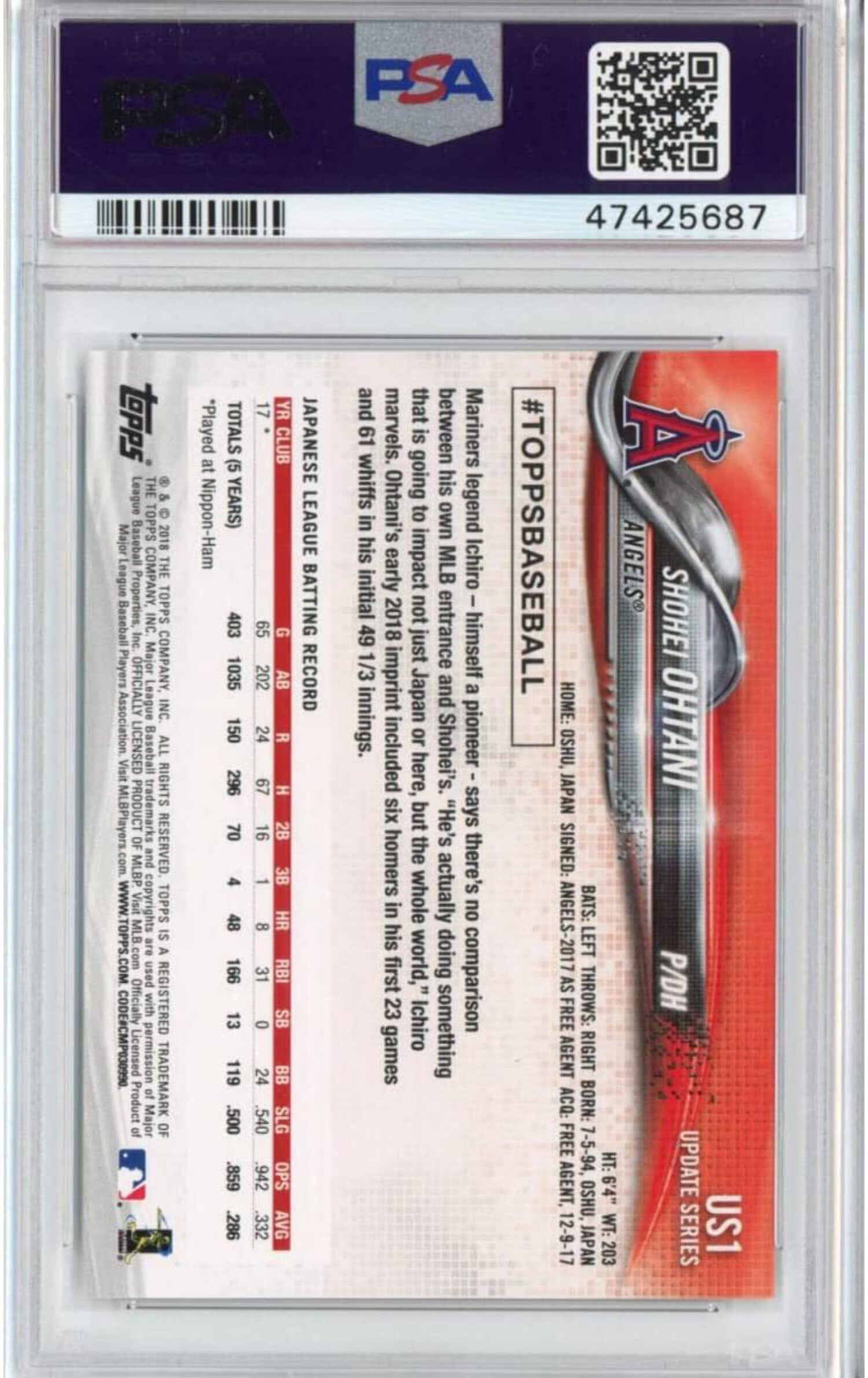 2018 Topps Update Shohei Ohtani #US1 Rookie Pitching Red Jersey Angels PSA  10 Baseball Graded Card