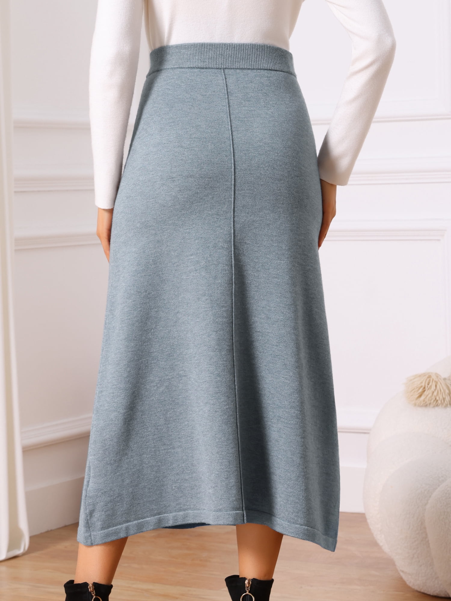 DARING DIVA Women's Sweater A Line Elastic High Waist Stretchy Midi Skirt L Grey