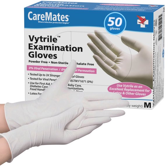 CareMates Vytrile Medical Gloves, Powder-Free, Medium, Unisex, Clear, 50 Ct, 20 Pack