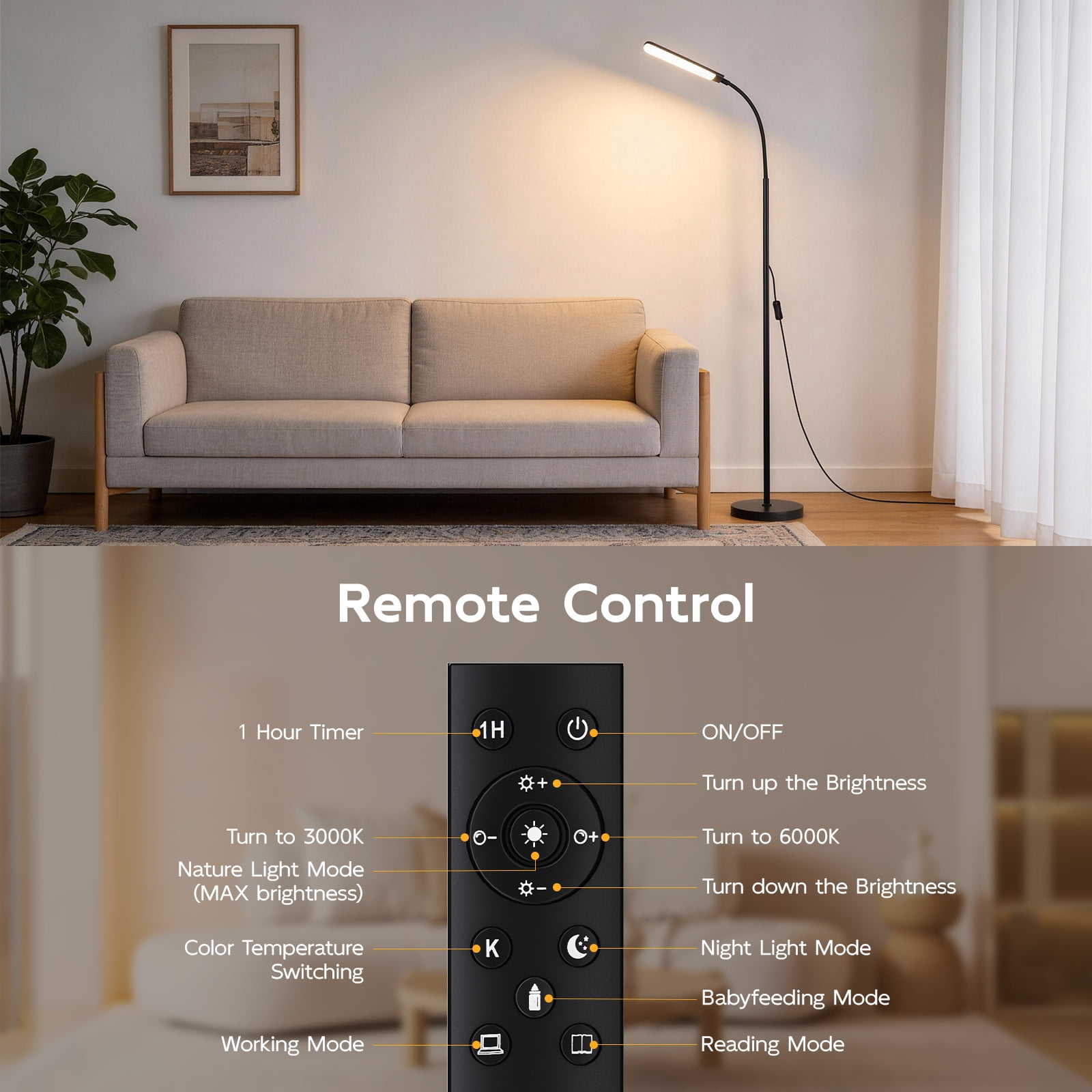 Reading Floor Lamp with Remote, Bright 18W Floor Lamps for Living Room with 1H Timer, Stepless Adjustable 2700K-6500K Colors & Brightness Standing Lamp with Remote & Touch Control Reading Floor Lamps