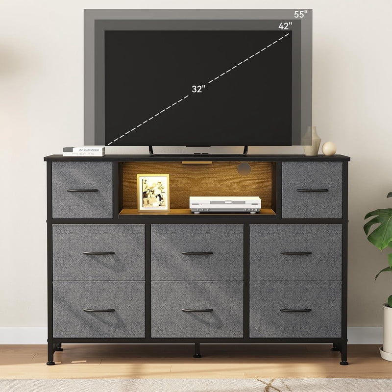 Simenmax LED TV Stand for 45-55 Inch TV, Entertainment Center with 8 Fabric Drawers & Open Shelves, Charging Station with 2 USB & 2 AC Outlets, Gray