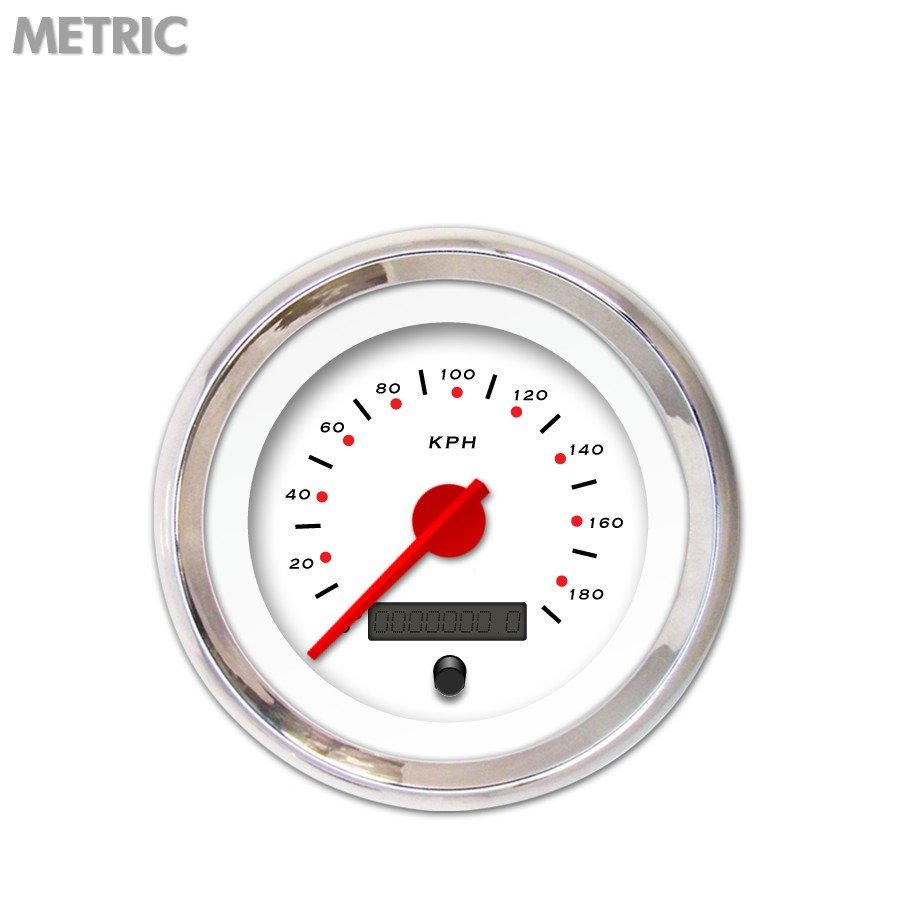 Speedometer Gauge Metric Pegged White , Red Modern Needles, Chrome