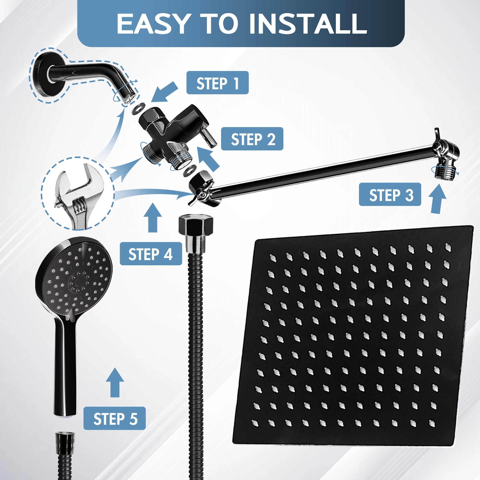Scilulu Shower Head,8"Rain Shower Head with Handheld Spray Combo with 11'' Angle Adjustable Extension Arm/Flow Regulator/Shower System,High Pressure Rainfall Shower Head Clean Bathroom,Matt Black