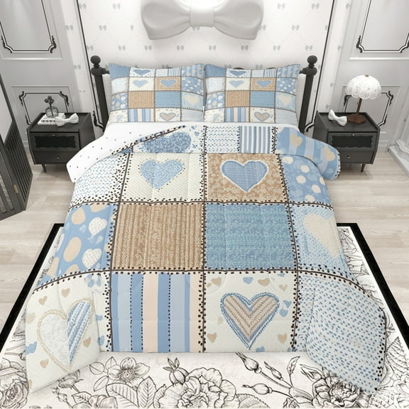 Manfei Teens Love Heart Bedding Comforter Set, Vintage Stripes Art Twin Comforter Sets, Blue Patchwork Plaid Reversible Bedding Set, Luxury Bedroom Decor, 2 Pieces