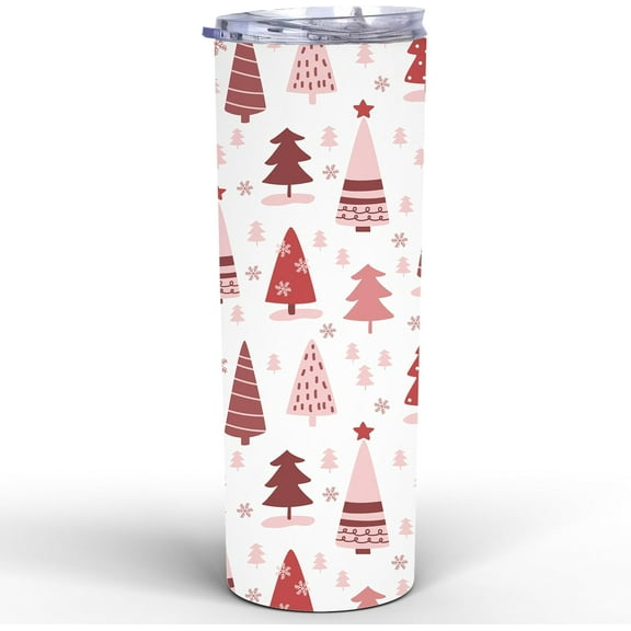 Pink Boho Pine Tree Christmas Cup For Men Women Skinny Tumbler 20Oz - Christmas Aesthetic Tumbler, Gift for Friend, Coworker - Gifts for Kid, Mom, Dad, Sister, Son On Christmas, Birthday, Holiday