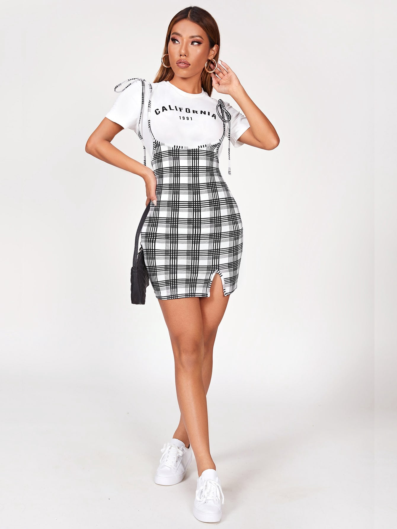 Women's Plaid Print Knot Shoulder Split 