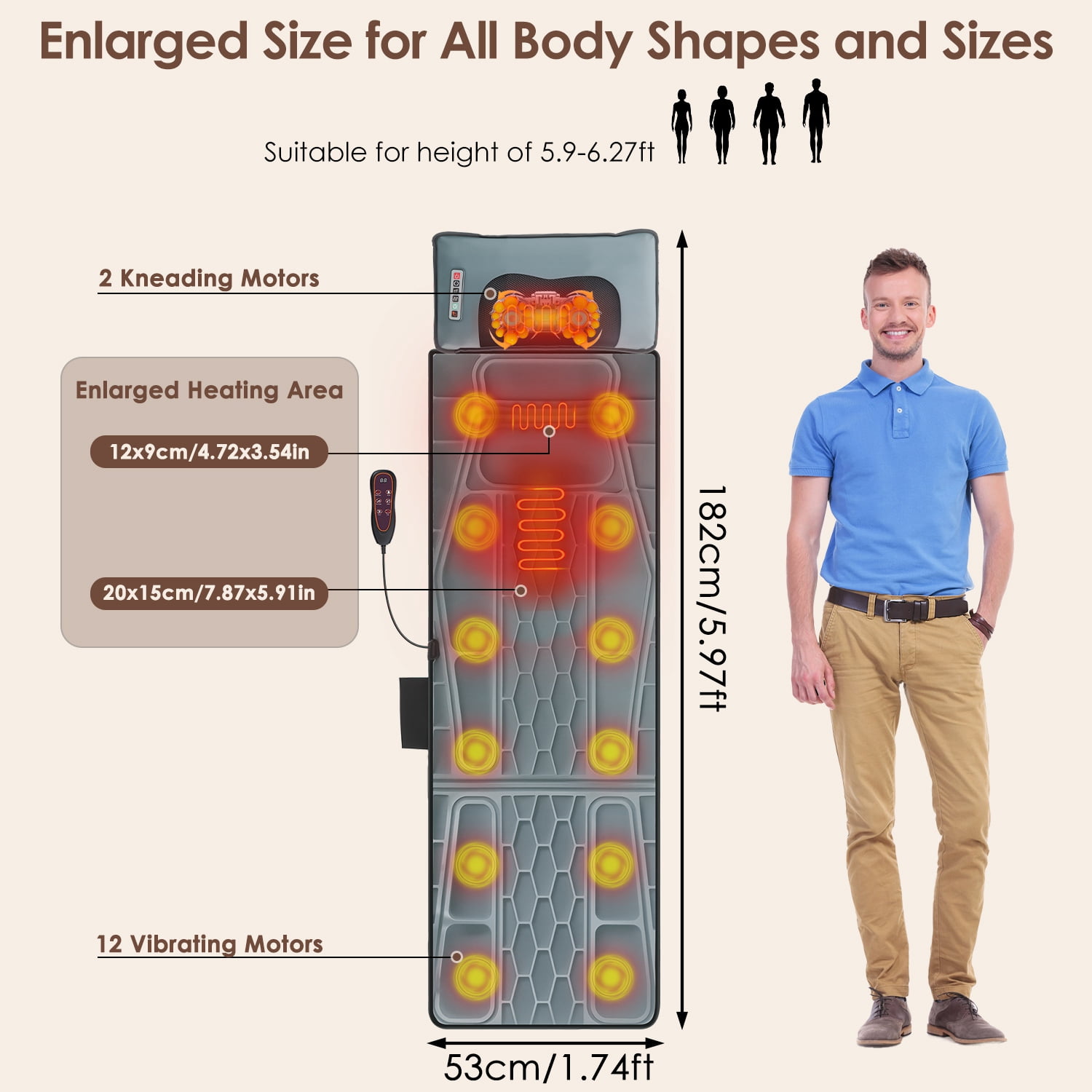 Imountek Flannel Full Body Massage Mat with Heat Timer, Multifunctional Electric Massage Chair Pad with Shiatsu Neck Massager Carry Bag Earplugs Anti-Slip Bottom for Home