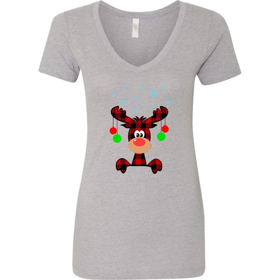 Inktastic Cute Flannel Reindeer with Christmas Bulbs and Snowflakes Women's V-Neck T-Shirt