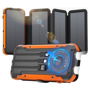 SOLPOWBEN 20000mAh Solar Power Bank With 4 Solar Panels,Portable Charger with Built-in 3 Cables and 22.5W Fast Charging,Phone Charger Compatible with iPhone/Android-Camping/Travel Essentials(Orange)