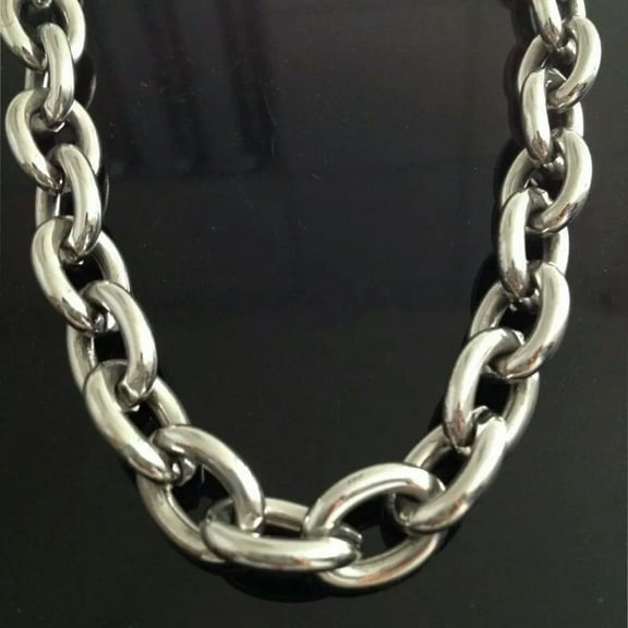 QQTDFG Huge 24" 15mm Silver 316L Stainless Steel Rolo Oval Link Men's Chain Necklace-default