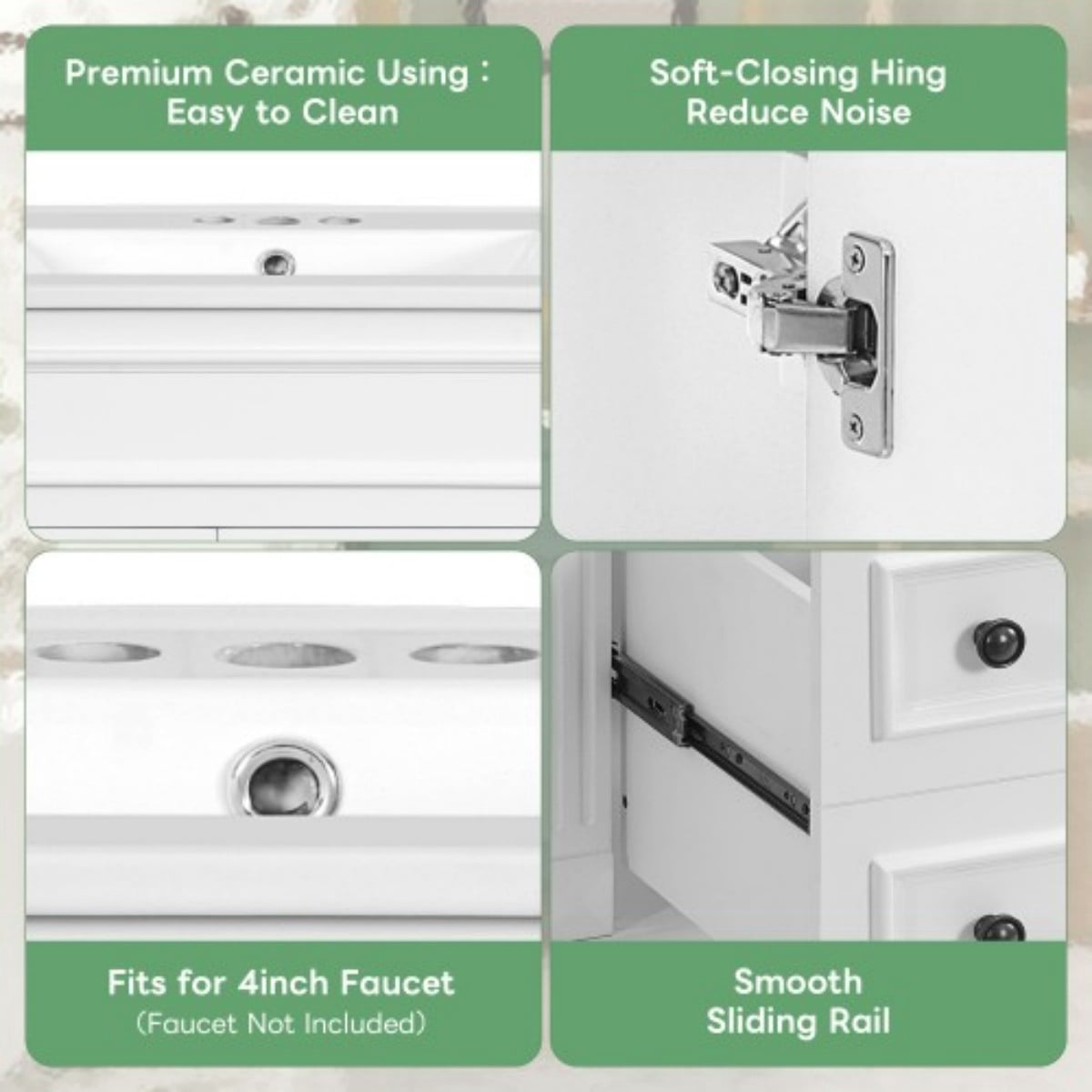 24" Bathroom Vanity with Ceramic Sink, Small Bathroom Vanity Cabinet with 2 Drawers, Adjustable Shelf, Soft-Close Door, White