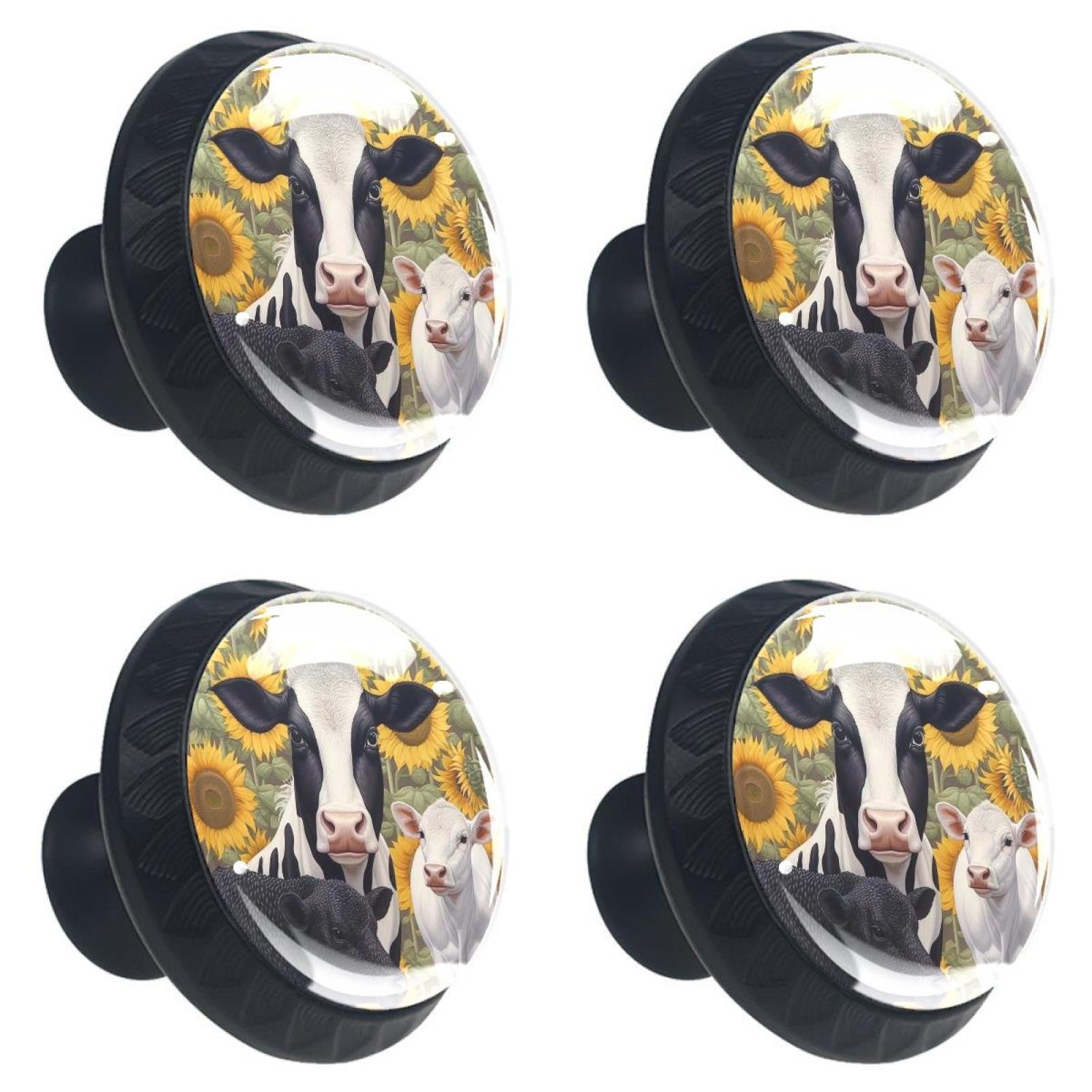 4 Pcs Cow and Sunflower Knobs for Kitchen Cabinet Cupboard Dresser Bookcase Drawer Pulls Handles Round Home Decor